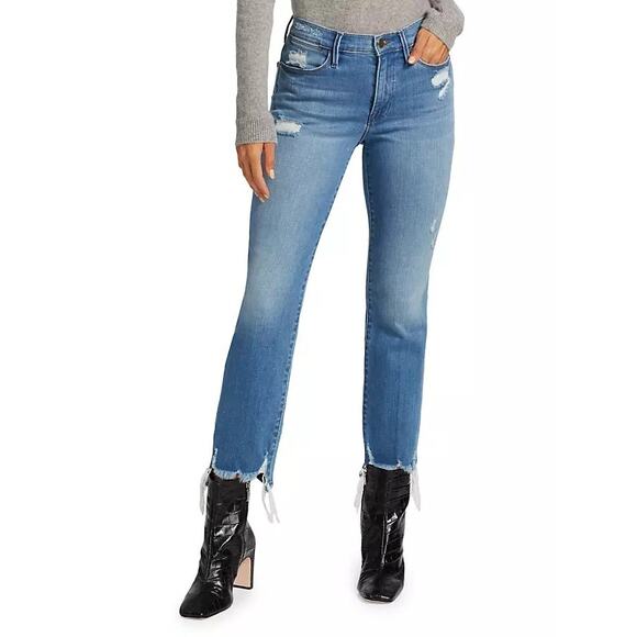 FRAME Le High High-Rise Distressed Stretch Straight-Leg Jeans Sz 27 - Picture 1 of 12